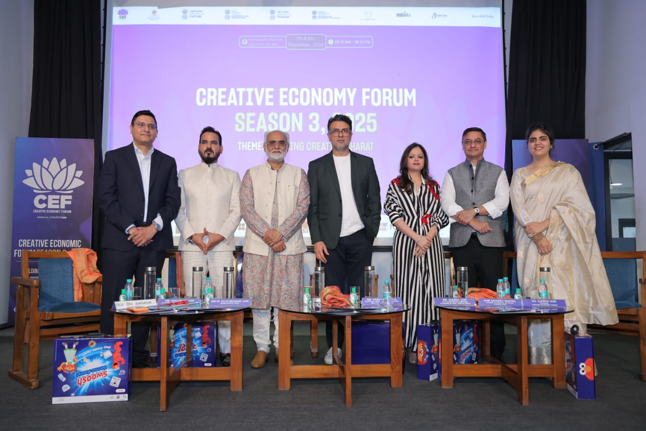 Creative Economy Forum 2025 Supriya Suri, Founder, Creative Economy Forum, Mr. Harman Baweja, Actor, Producer, and Entrepreneur, Ms. Avarna Jain, Chairperson, RPSG Group, Sanjeev Sanyal, Economic Advisory Counc